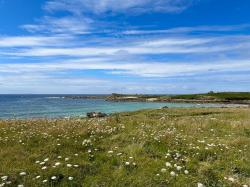 PORSPODER : MAGNIFIQUE VUE MER POUR CE COSY PENTY AVEC JARDIN ROCHERS TYPIQUES ET TERRASSE PANORAMIQUE